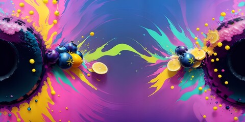 A colorful background with speakers and a lemon slice
