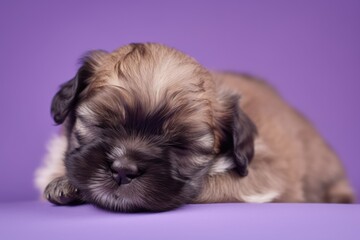 a sweet small sleeping griffon puppy on a purple background. Generative AI