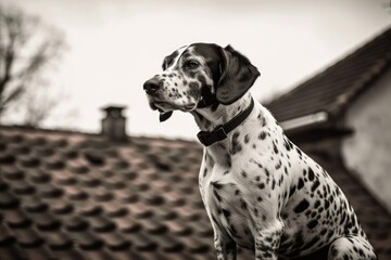 Dog with polka dots in black and white standing on the roof shelter. Generative AI