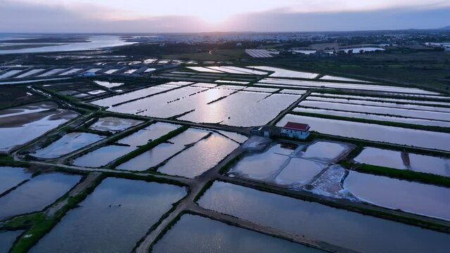 Aerial view from a drone of the landscape of marshes and salt flats of the Ria Formosa Natural Park. Atlantic Ocean. Algarve. Portugal. Europe