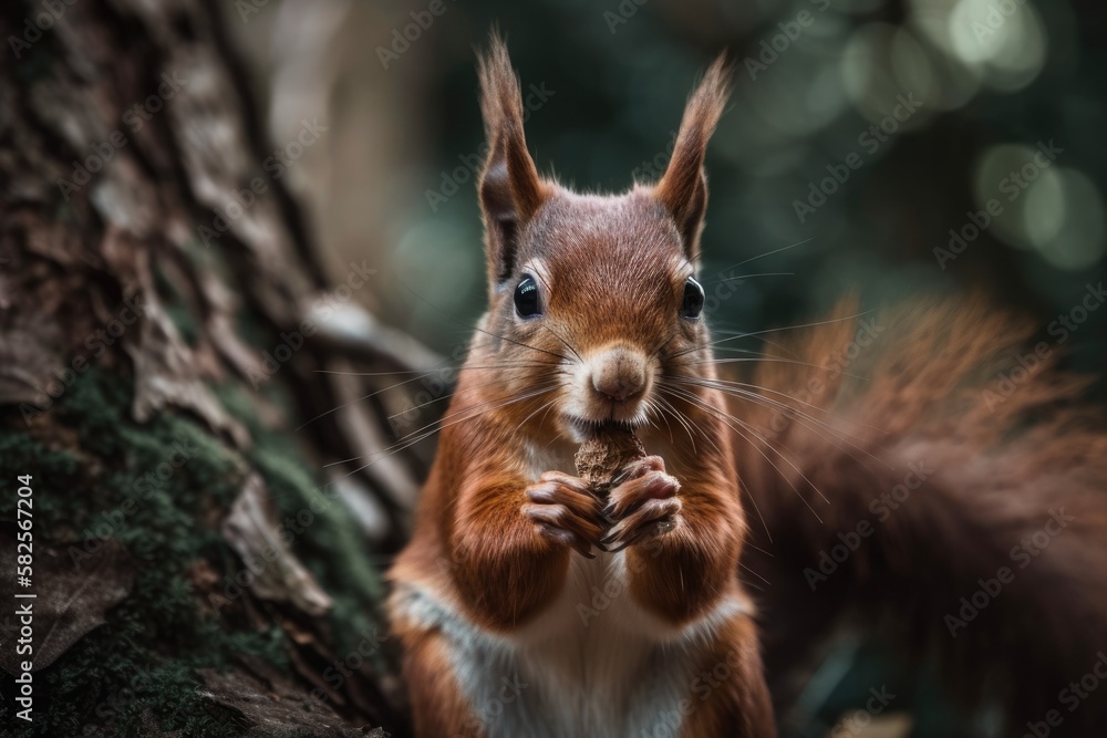 Sticker A red squirrel munching nuts in a park tree. Squirrel in its natural habitat. Generative AI