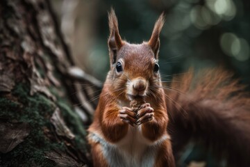 A red squirrel munching nuts in a park tree. Squirrel in its natural habitat. Generative AI