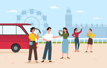 People in bus trip. Men and women stand next to vehicle and take pictures of sights. Excursion around foreign city. Travel and tourism, vacation and holiday. Cartoon flat vector illustration © Rudzhan