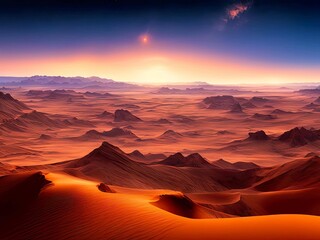Fototapeta na wymiar Golden sandy desert land at dusk, Designed with the help of AI