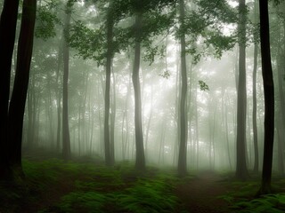 Dark forest shrouded in mist, Designed with the help of AI