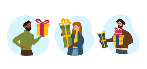 People with presents set. Men and woman with gift boxes, surprise. Symbol of New Year and Christmas. Discounts, sales and promotions. Cartoon flat vector illustrations isolated on white background