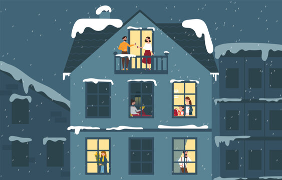 People in window. Symbol of winter season, Christmas and New Year. Comfort and coziness in apartment, happy family. Warm light from rooms with men and women. Cartoon flat vector illustration