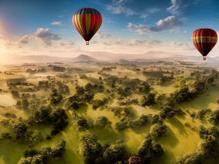Hot air balloons hovering over a countryside, Designed with the help of AI
