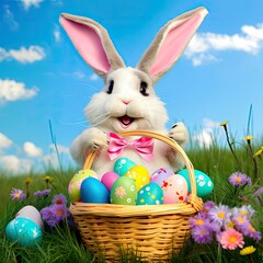 Cute easter bunny smiling surrounded by easter eggs, cartoon style. Generative AI