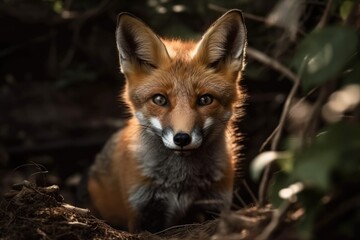 Naklejka na ściany i meble Red fox cub in the wild. Generative AI