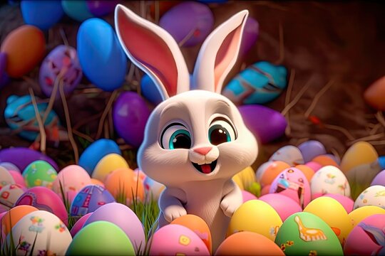 Cute easter bunny smiling surrounded by easter eggs, cartoon style. Generative AI