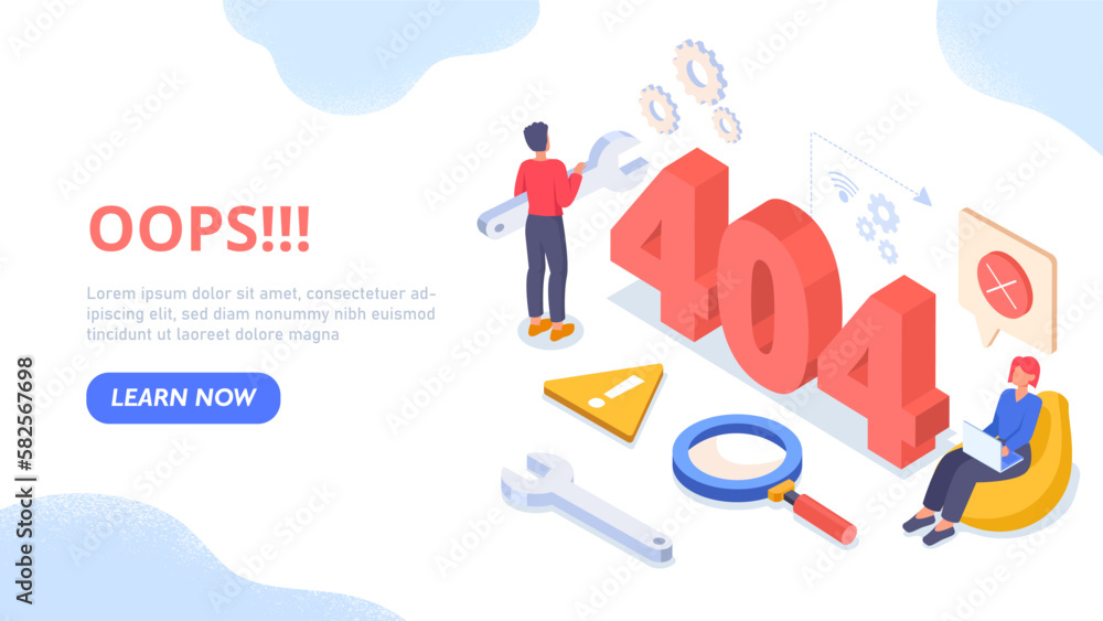 Poster 404 page isometric design. man standing near big red numbers. technical support and programmer fix b