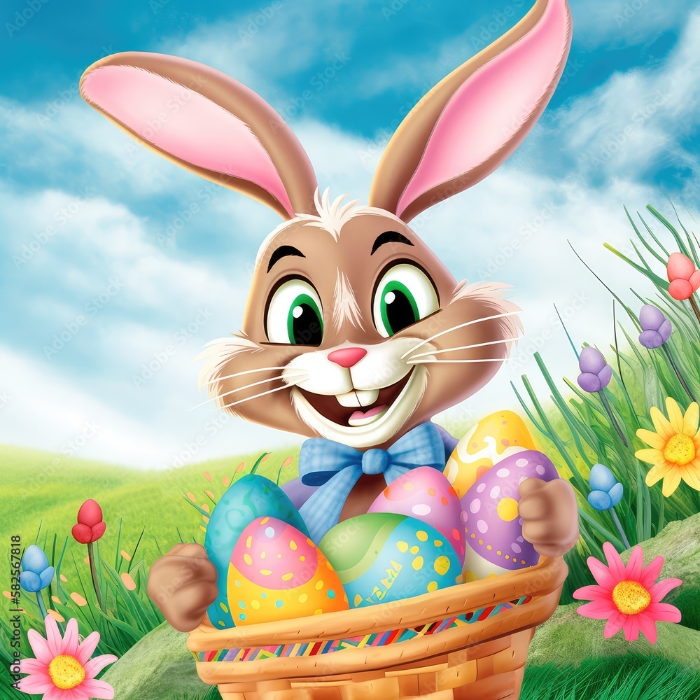 Wall mural Happy Easter Bunny holding a basket filled with multicolored eggs, surrounded by flowers and green grass, with a clear blue sky in the background. Generative AI