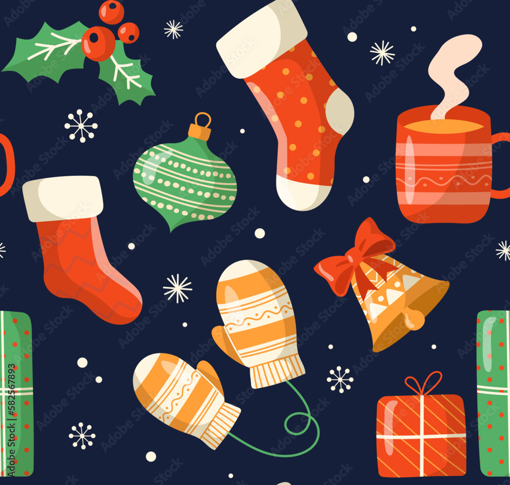 Poster advent seamless pattern. repeating design element for printing on fabric. socks and gloves, bell and