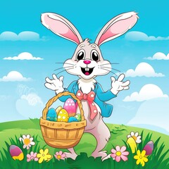 Happy Easter Bunny holding a basket filled with multicolored eggs, surrounded by flowers and green grass, with a clear blue sky in the background. Generative AI