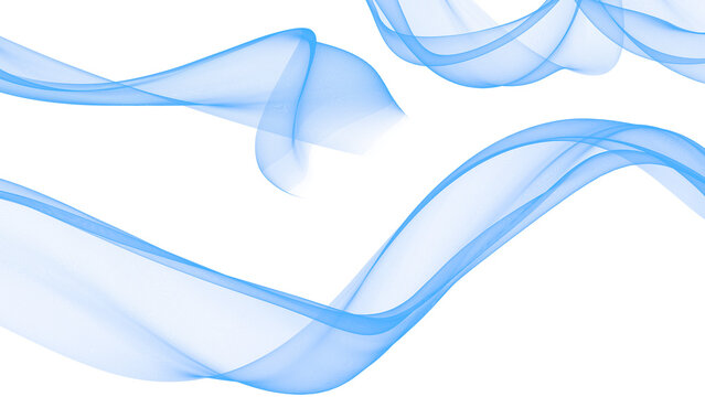 A blue abstract with curving fabric wisps on white background.