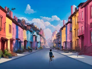 Empty street with rows of colourful houses with a child walking alone, Designed with the help of AI