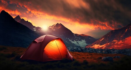 Glowing Tent camping under a Dramatic Evening Sky in the Mountains