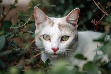 Naklejka na ściany i meble Gorgeous cat peering from the bushes. Generative AI