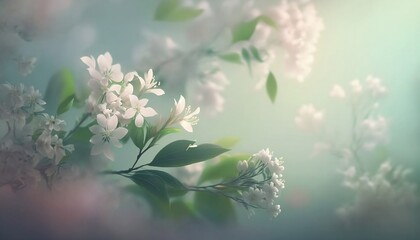 Soft pastel Spring background with flowers in mist, smoke