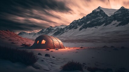 Fototapeta na wymiar Glowing Tent camping under a Dramatic Evening Sky in the Mountains