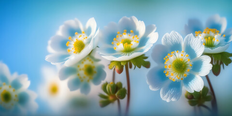 A Symphony of Colors: A Stunning Macro Shot of White Primroses on a Blue Background Generative AI