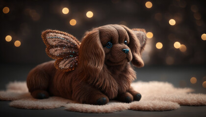 Fototapeta na wymiar Dog Cocker Spaniel, a beautiful toy souvenir for a child's holiday. Soft toy puppy in the children's room. Created with AI.