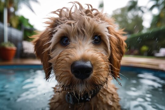 In a pool area on Lanai, a close up of a wet miniature goldendoodle is captured on camera. Generative AI