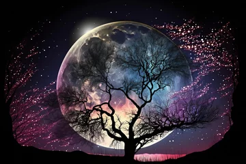 Fotobehang Volle maan en bomen illustration, fabulous night scenery tree against the backdrop, ai generative