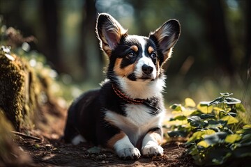 Outside, a cute tricolor corgi puppy sits. Generative AI