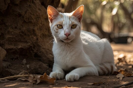 Poor creature up close and personal horizontal photography of a little, white and red cat sitting on the ground outside, in the sunshine, in the Gambia, Africa, under a tree. Generative AI