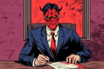 Devil in Business Suit Offers Soul Selling Contract with Red Eyes in Comic Style Illustration, Generative AI