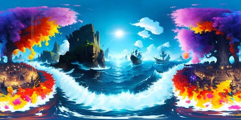 Fototapeta na wymiar Photo of a beautiful painting depicting a mystical island surrounded by the vast ocean