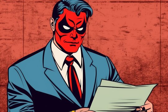 Devil in Business Suit Offers Soul Selling Contract with Red Eyes in Comic Style Illustration, Generative AI