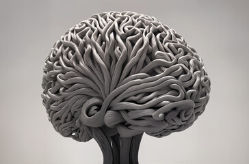 An abstract black and white sculpture or model of a human brain shaped like a tree. Generative AI.