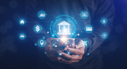 Financial technology concept, Businessman using mobile phone for online banking and payment, Digital marketing, Finance and banking network, Shopping, Trading in online networks around the world.