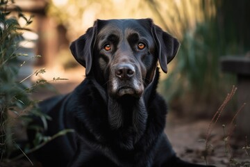 Beautiful black labrador dog sitting in the garden in an outdoor photograph. street animals. Friend to people. Guide. Generative AI