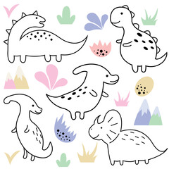 Obraz premium Cute dinosaurs and tropical plants. Funny cartoon dino collection. Hand drawn vector set for kids. Cute vector set with dinosaurs. Cute card with dinosaur.