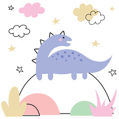 Cute dinosaur and tropical plants. Funny cartoon dino. Hand drawn vector dinosaur for kids. Cute card with dinosaur