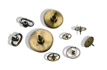 Gear wheels and other elements of clock mechanism isolated on the transparent background (with shadow)