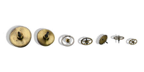 Gear wheels and other elements of clock mechanism isolated on the transparent background (with shadow)