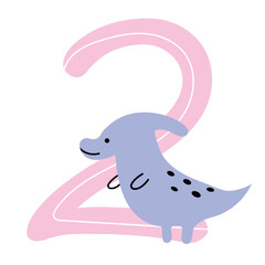 Cute dinosaur cartoon numbers. Number two. Vector elements for designing kids birthday or dino party invitation, greeting card, sticker, banner, logo, icon, poster.