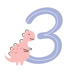 Cute dinosaur cartoon numbers. Number three. Vector elements for designing kids birthday or dino party invitation, greeting card, sticker, banner, logo, icon, poster.