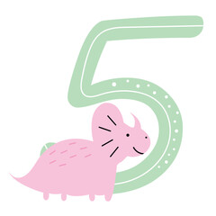 Cute dinosaur cartoon numbers. Number five. Vector elements for designing kids birthday or dino party invitation, greeting card, sticker, banner, logo, icon, poster.