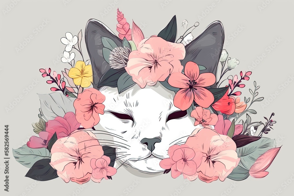 Canvas Prints A lovely kitty with flowers on her ears. Generative AI