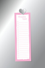 Shopping list with silver heart shape magnet on silver background surface