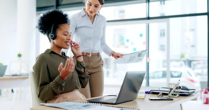 Contact us, call center or black woman speaking, typing or talking in communications company office. African crm, laptop or telemarketing sales agent explaining online in telecom customer services