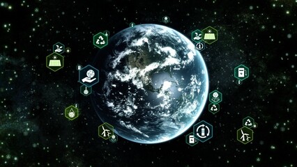 Earth in Space. Orbiting ecology infographic icons. Environmental technology and sustainable development concept 3D illustration green energy background. World map of the Americas furnished by NASA.