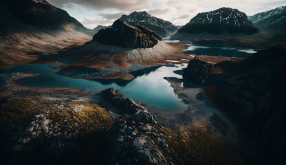 drone photography, mountain rivers and forests, cinematic shot. Picturesque nature photos from a drone