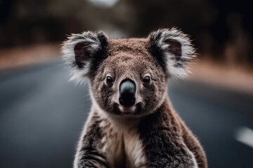 Koala on the road is adorable. Generative AI